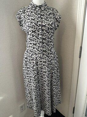 Boden Shirt Dress Womens 6L Tall Black White Floral Belted Fit Flare Midi Casual